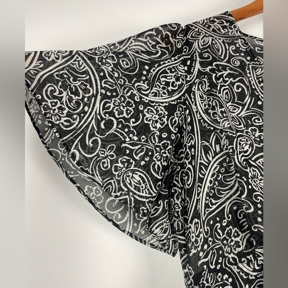 Calvin Klein Black White Chiffon Paisley Floral Hi Low Ruffle Faux Wrap Dress - Picture 4 of 11